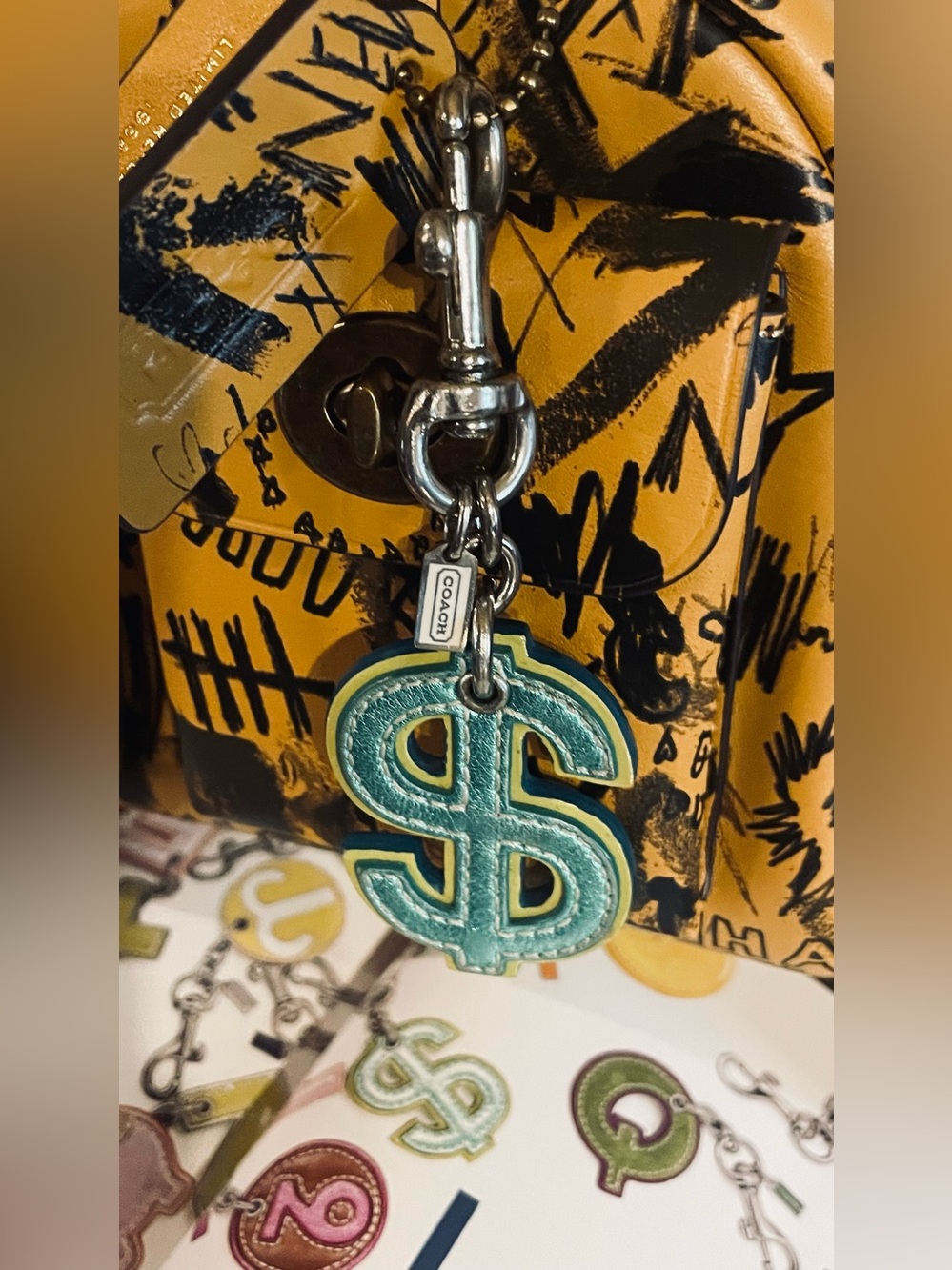 COACH Vintage Y2K Era Metallic Green Leather Dollar Sign Bag Charm Keychain